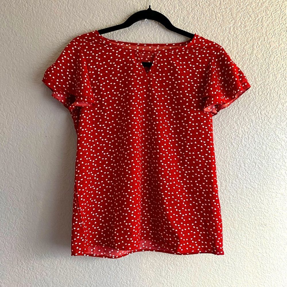 Red Heart Print Flutter Sleeve Blouse – Size S